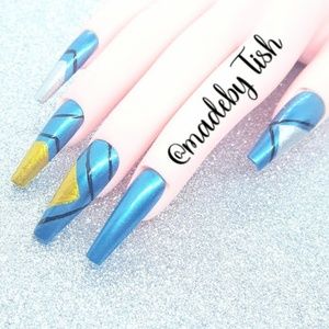 Gel Press On Nails Blue Gold Silver Long Ballerina